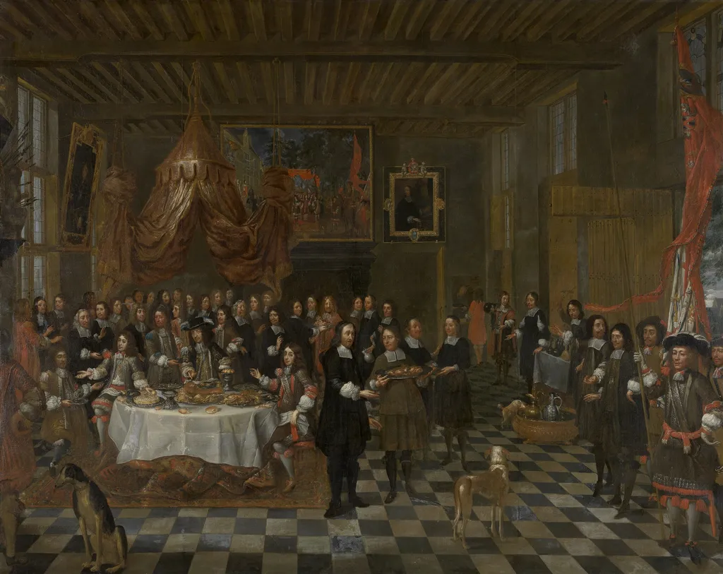 The Reception of Charles II and his Brothers in the Guild of Saint Barbara in Bruges, by Jan Baptist van Meunincxhove, oil, 1671