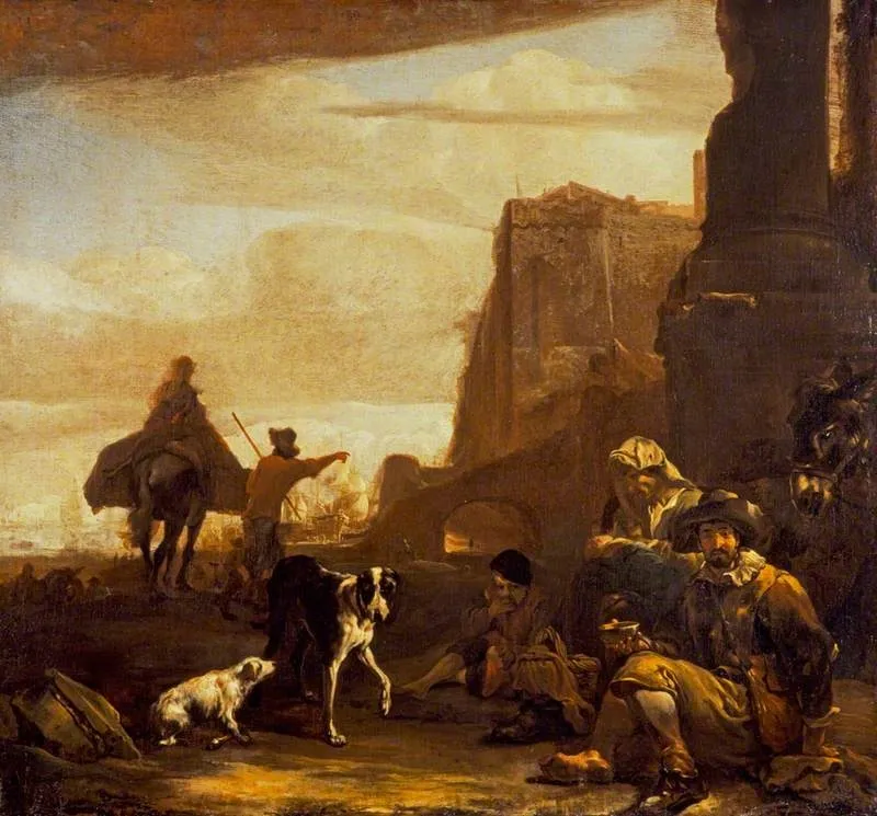 Figures near a Seaport, by Jan Baptist Weenix, oil, 1650