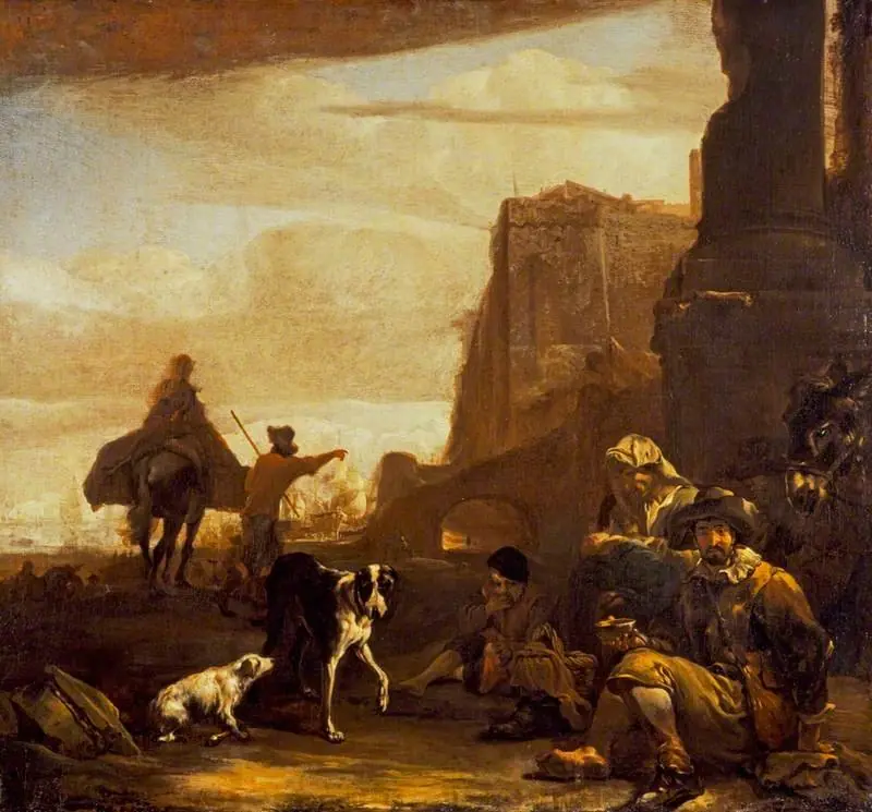 Figures near a Seaport, by Jan Baptist Weenix
