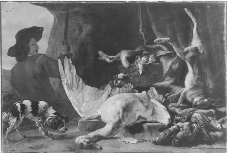 Jagdbeutestillleben mit Jäger und zwei Hunden, by Jan Baptist Weenix