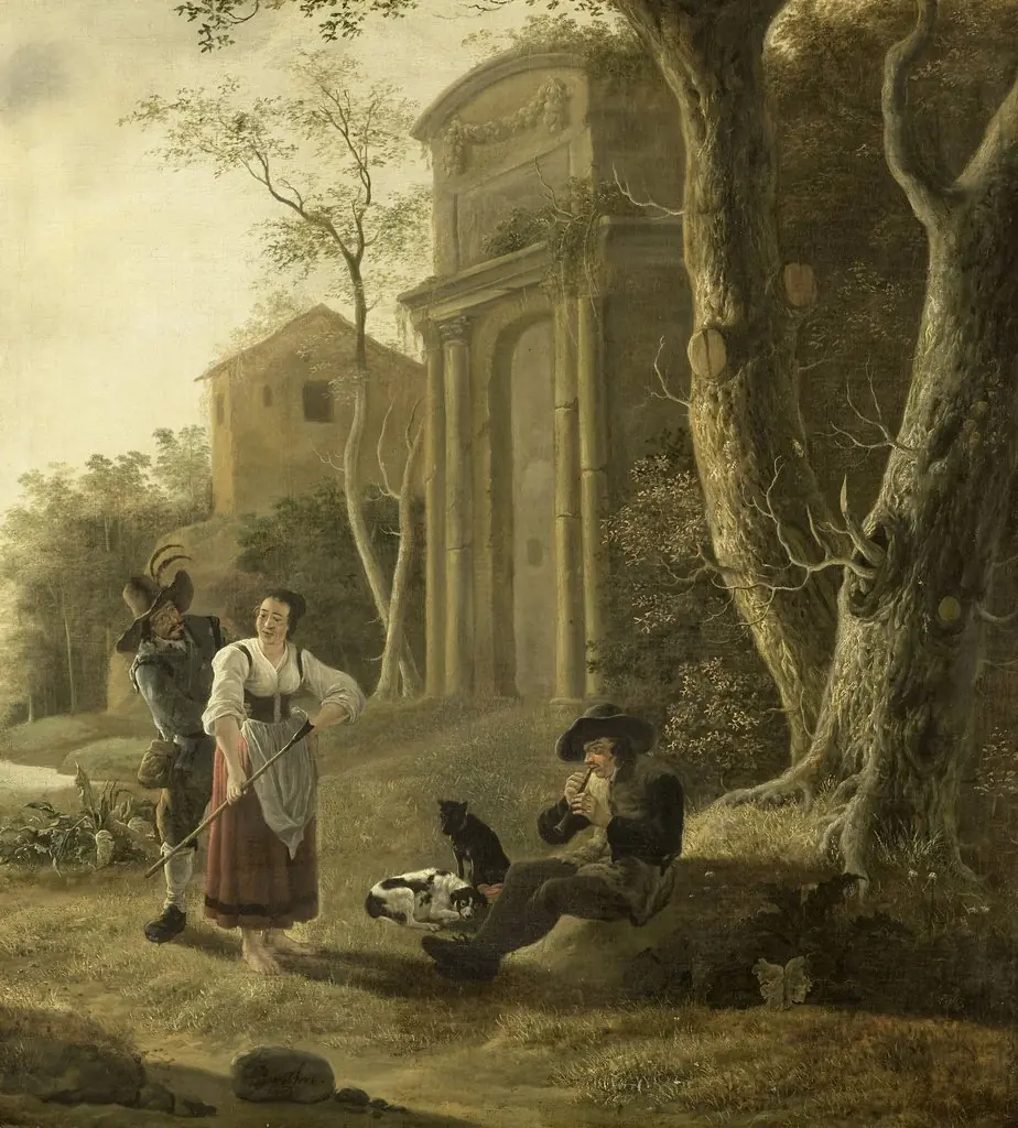 Pastoral scene with a flute player, by Jan Baptist Wolfaerts