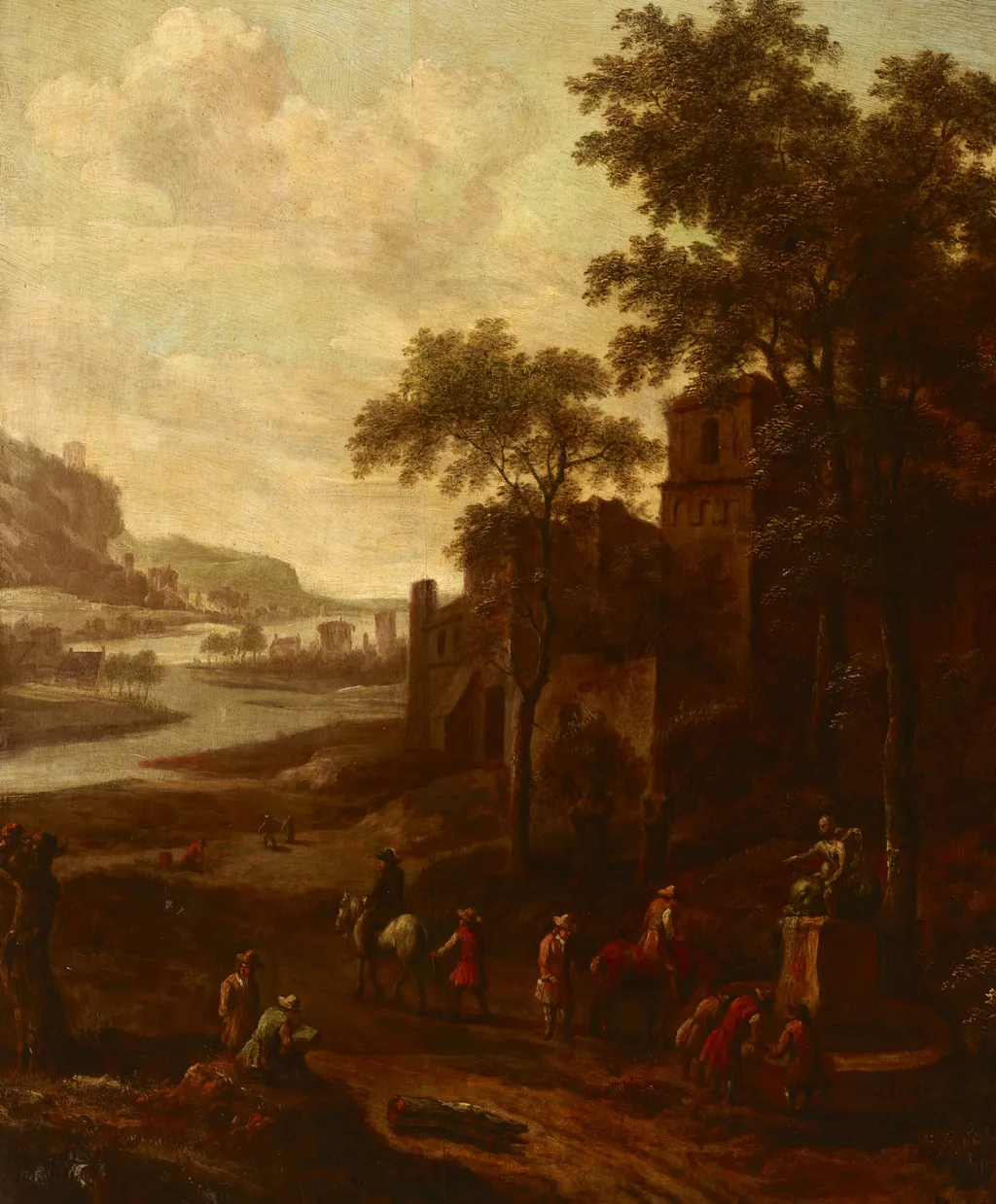 Landscape with a Group of Wanderers, by Jan Blom, oil, 1665