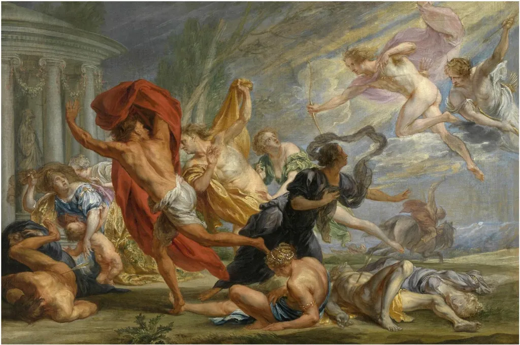 Apollo and Diana Kill Niobe's Children, by Jan Boeckhorst, oil, 1630