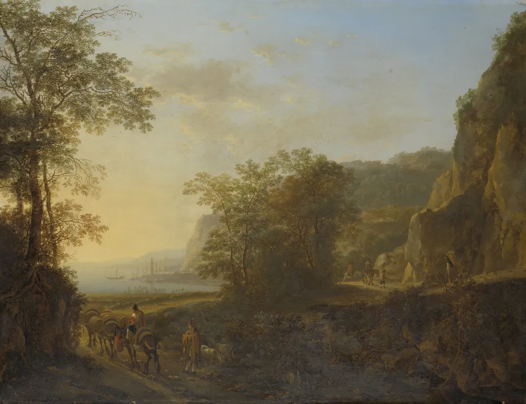 Italian landscape with a view of a harbor, by Jan Both, oil, 1646