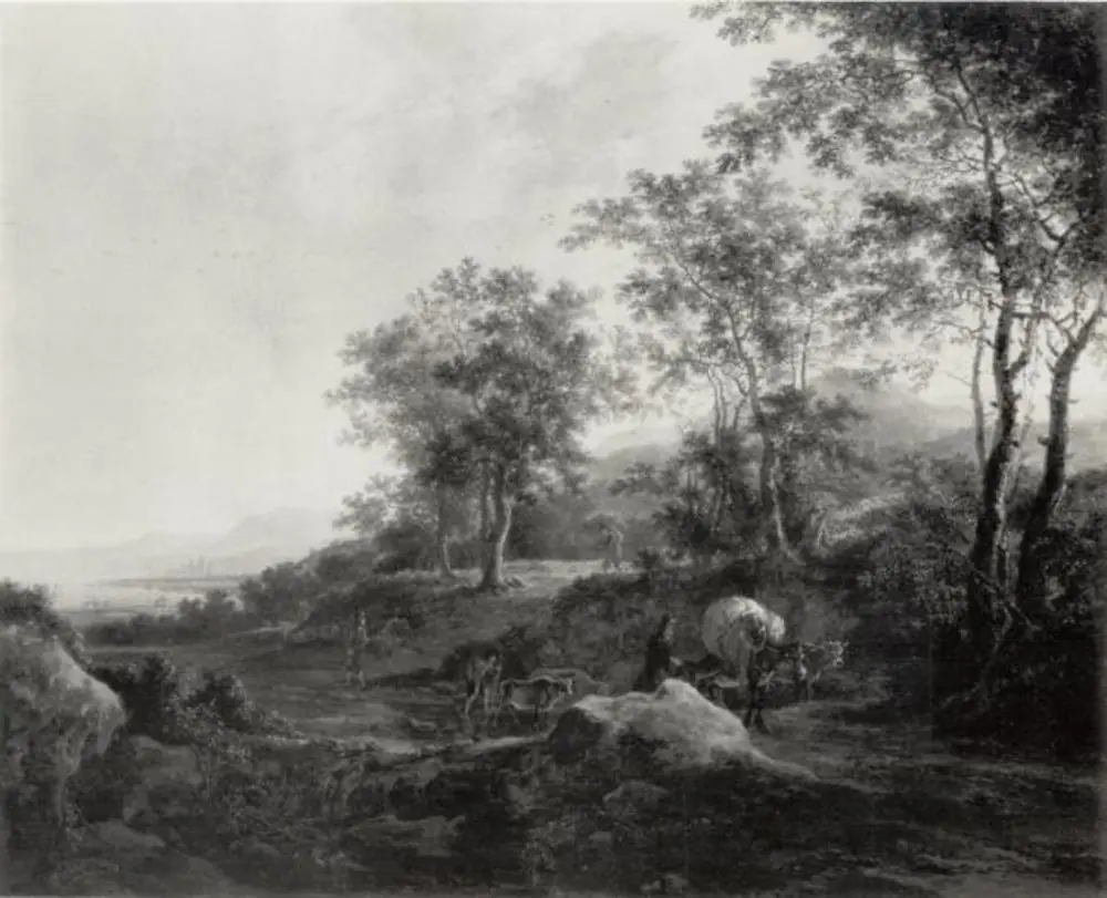 Southern landscape with travellers on a flooded track, by Jan Both