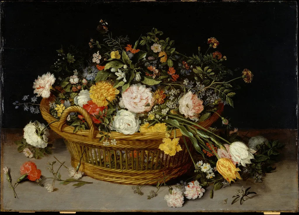 A Basket of Flowers, by Jan Brueghel, the elder, oil, 1624