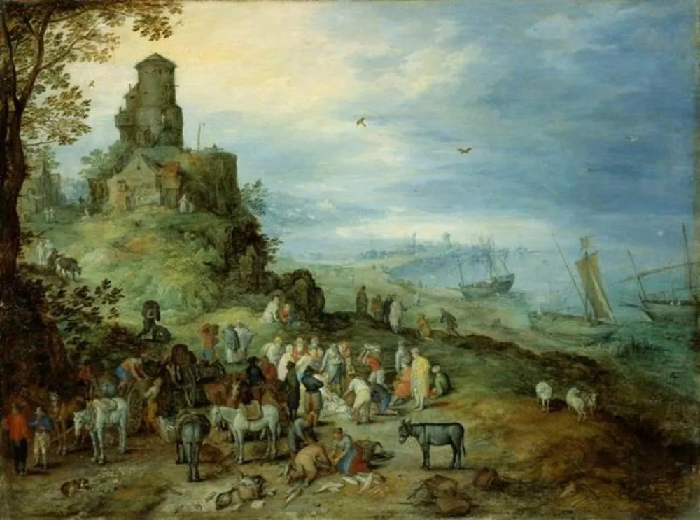 Coastal landscape with the calling of Peter and Andrew, by Jan Brueghel, the elder, oil, 1608