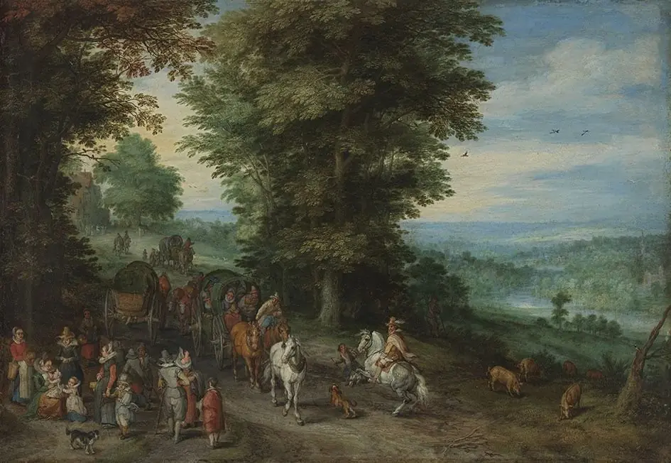 Country Road with Elegant Travelers, Including Nursing Mother, by Jan Brueghel, the elder
