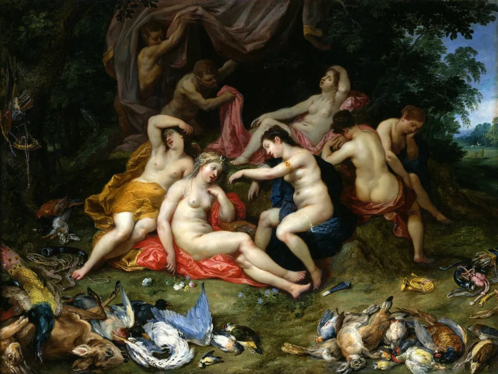 Diana and Her Nymphs Asleep, Spied Upon by Satyrs, by Jan Brueghel, the elder, oil, 1620