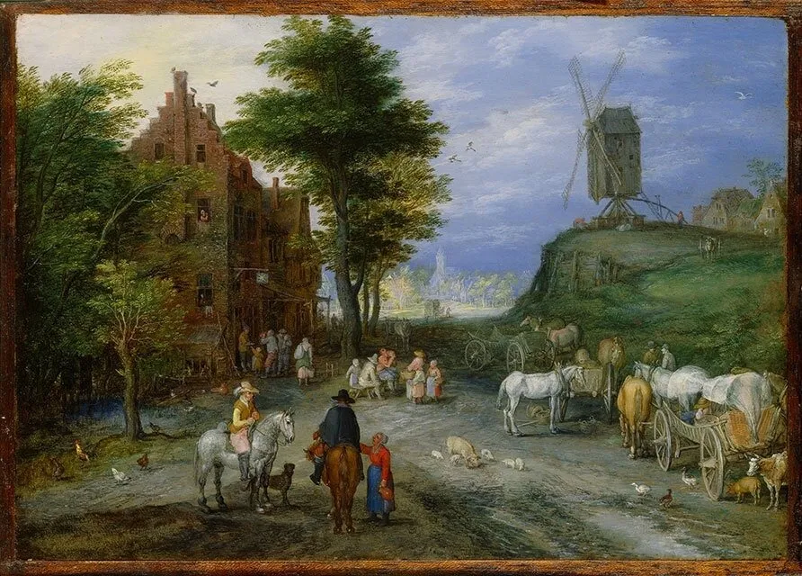 Edge of a village with windmill, by Jan Brueghel, the elder, oil, 1603