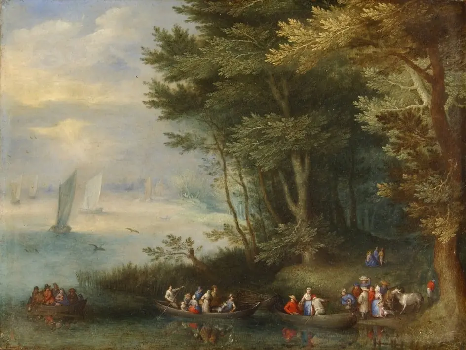 Ferry-Boats by a wooded Riverbank, by Jan Brueghel, the elder