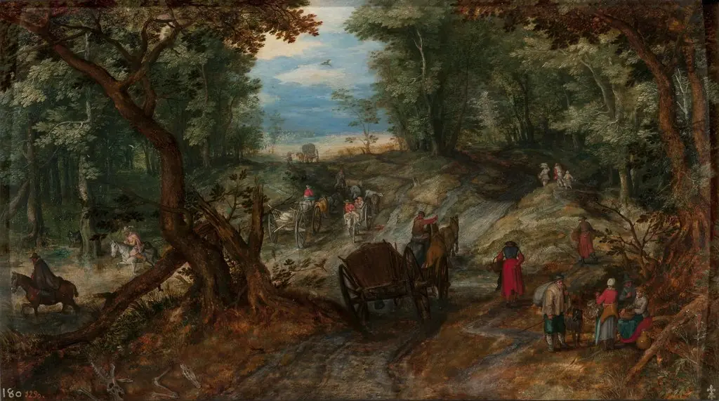 Forestroad next to a fordable pond wiht travelers, by Jan Brueghel, the elder
