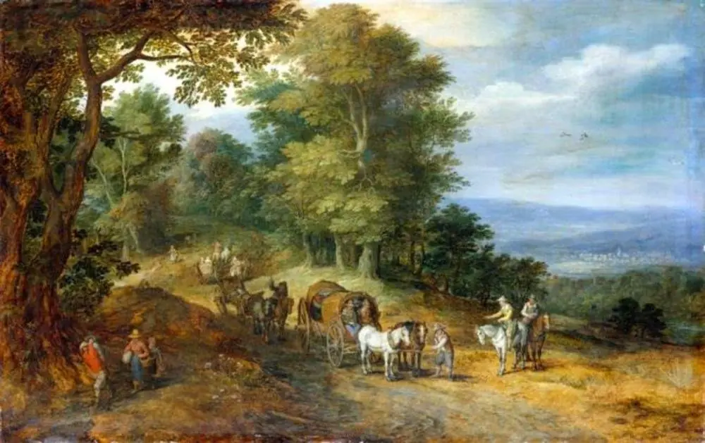 Hilly landscape with figures on a road, by Jan Brueghel, the elder