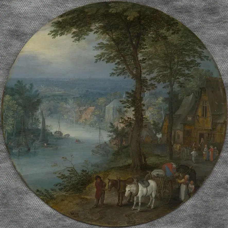 Inn at the road along the river, by Jan Brueghel, the elder