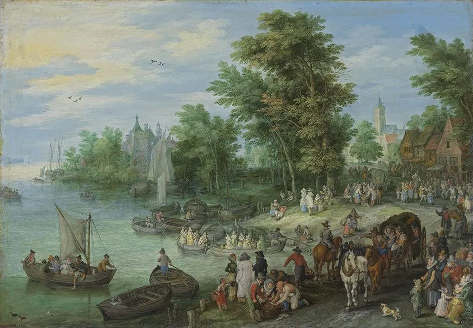 Landing Stage Near a Village, by Jan Brueghel, the elder, oil, 1615