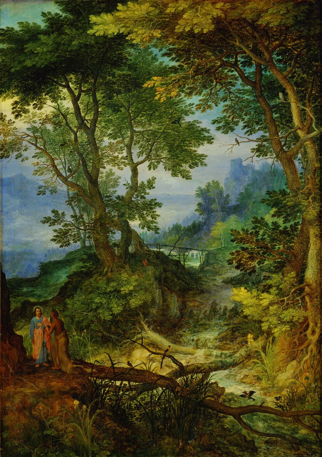Landscape with the temptation of Christ, by Jan Brueghel, the elder, oil, 1607