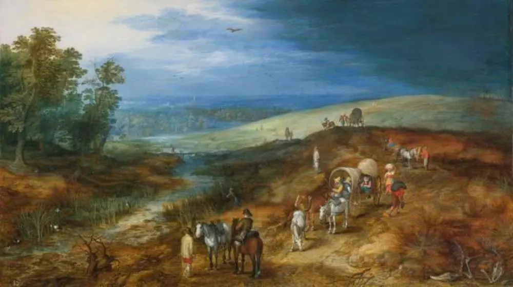 Landscape with travelers and bittern hunter, by Jan Brueghel, the elder