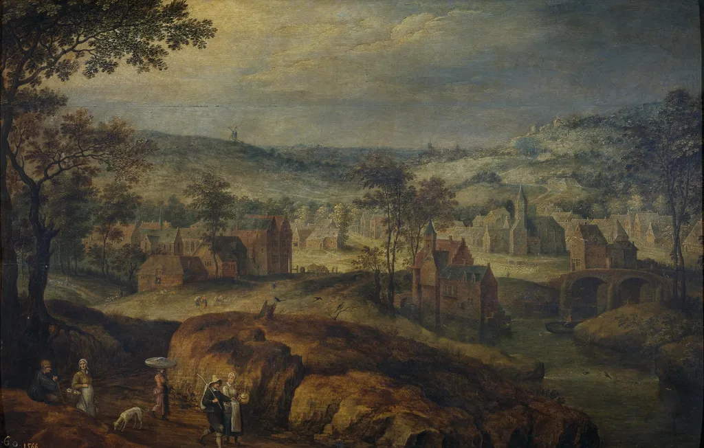 Landscape with village, by Jan Brueghel, the elder, oil, 1601