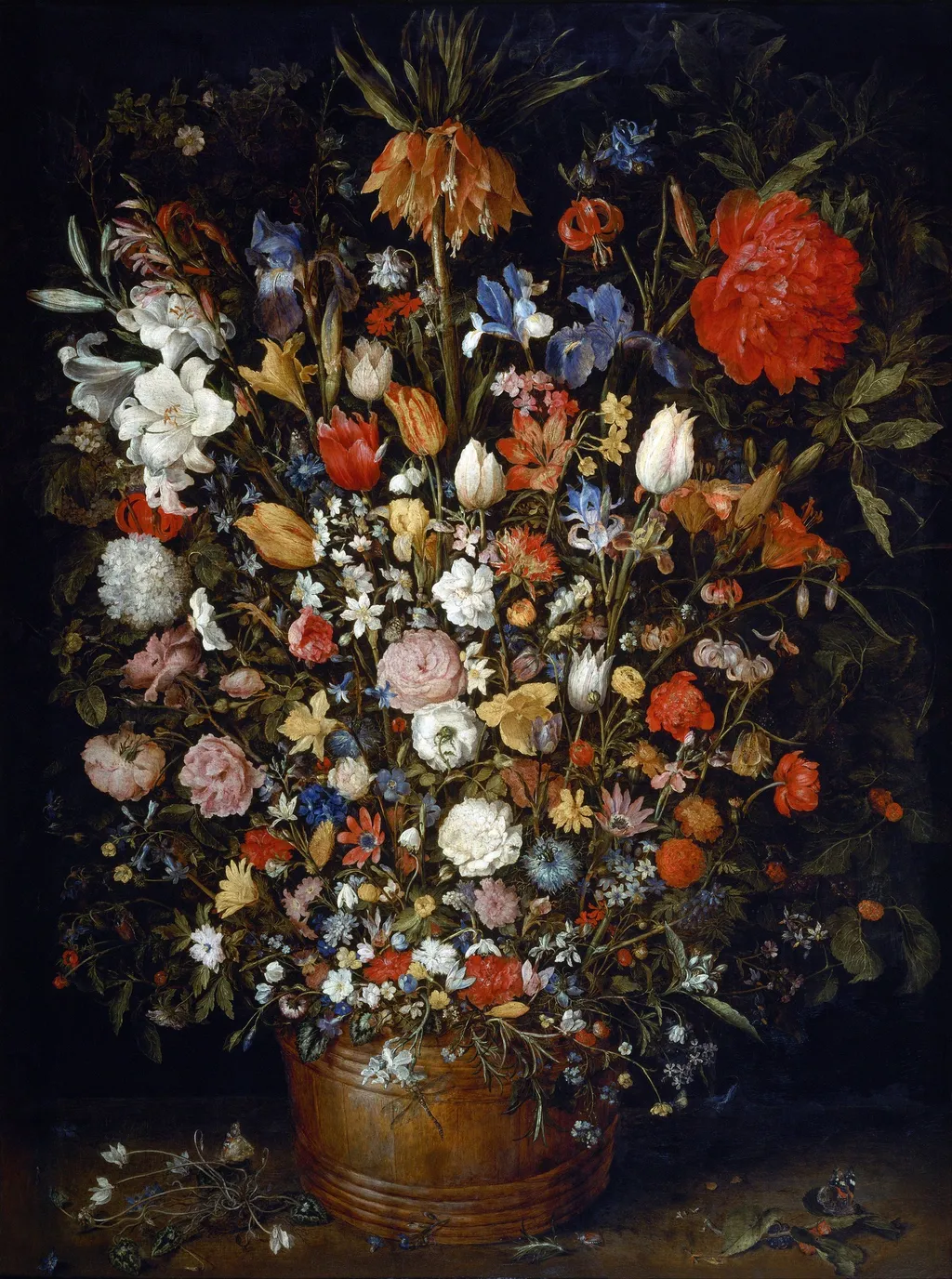 Large Flower Bouquet in Wooden Vase, by Jan Brueghel, the elder, oil, 1607