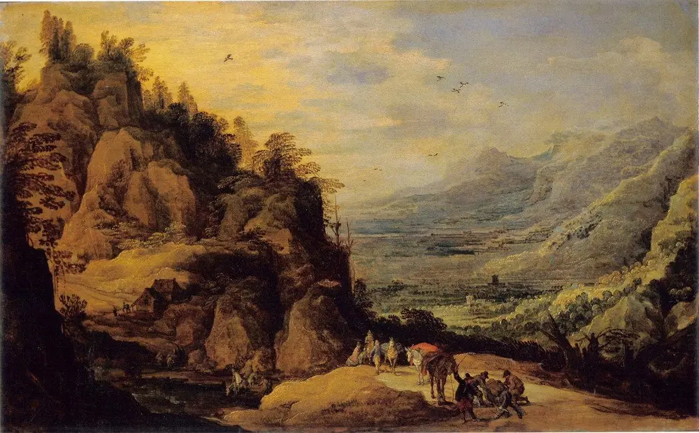 Mountainous Landscape with Figures and a Donkey, by Jan Brueghel, the elder