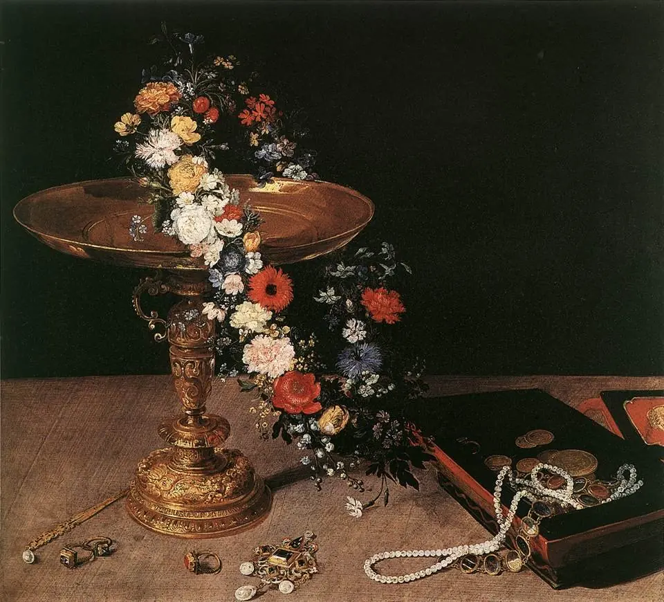 Still-Life with Garland of Flowers and Golden Tazza, by Jan Brueghel, the elder, 1618