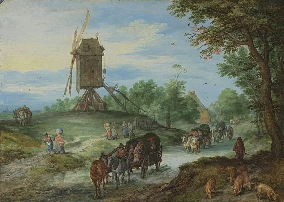 Travelers on Flooded Road Near a Windmill