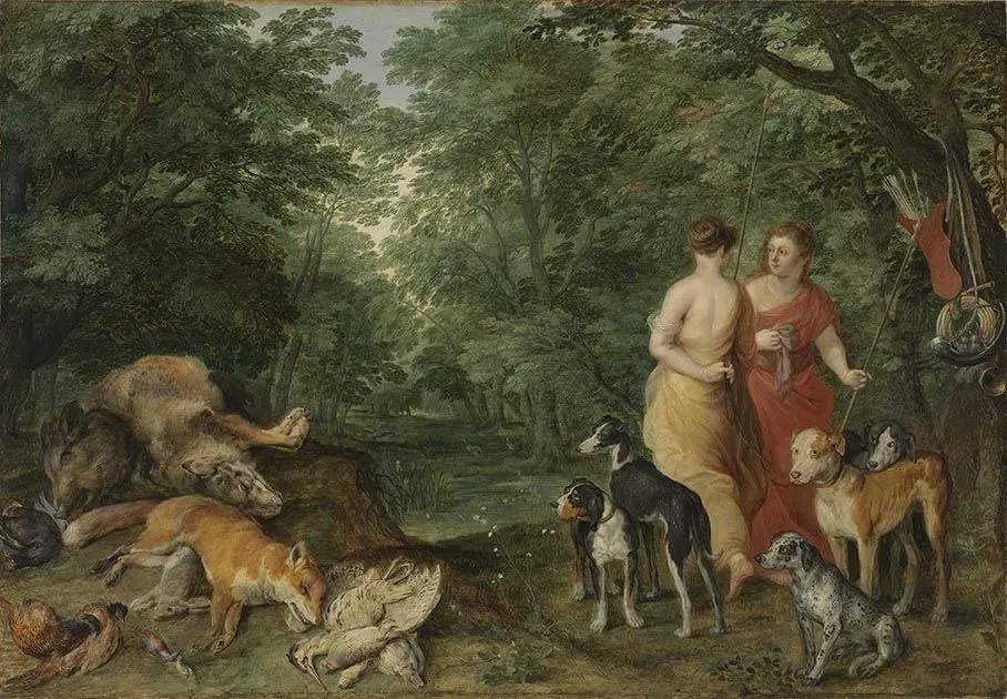 Two nymphs with hounds, by Jan Brueghel, the elder, oil, 1620