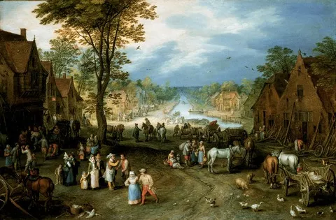 Village Scene with a Canal, by Jan Brueghel, the elder, oil, 1609