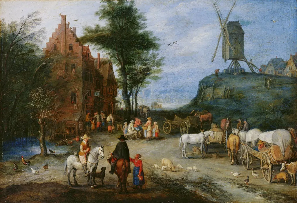 Village street, by Jan Brueghel, the elder, copper, 1603