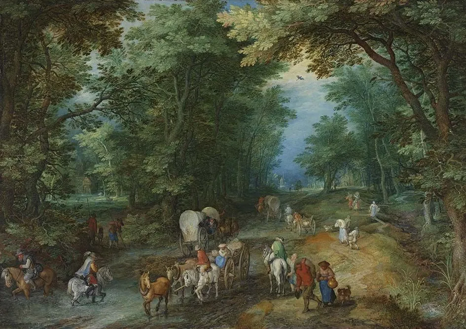 Wooded landscape with a road near to a fordable pond, by Jan Brueghel, the elder, oil, 1605
