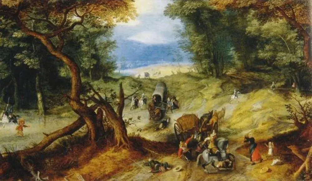 Wooded landscape with a robbery on a forestpath