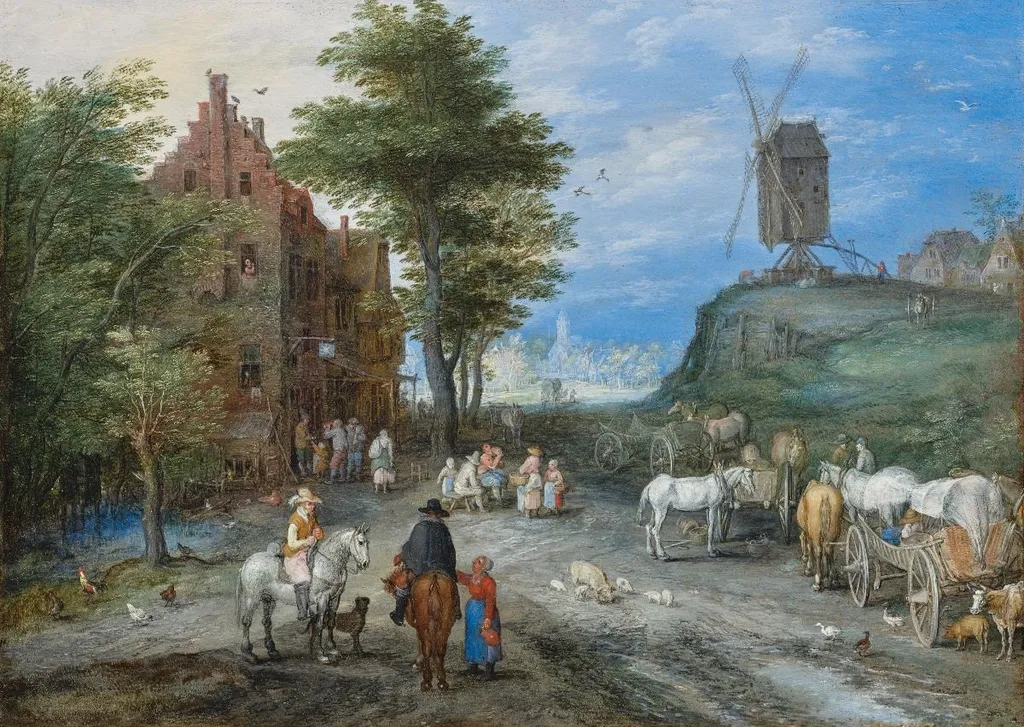 Dorfeingang mit Windmühle, by Jan Brueghel the Younger, oil, 1649