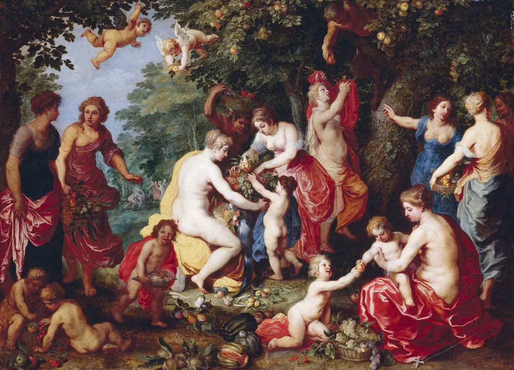 Nymphs and children under fruit trees (Naiads fill the cornucopia), by Jan Brueghel the Younger, oil, 1627
