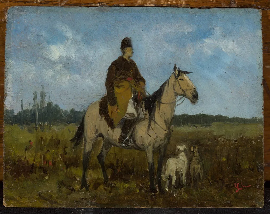 Rider on horseback with greyhounds, by Jan Chełmiński, oil, 1873