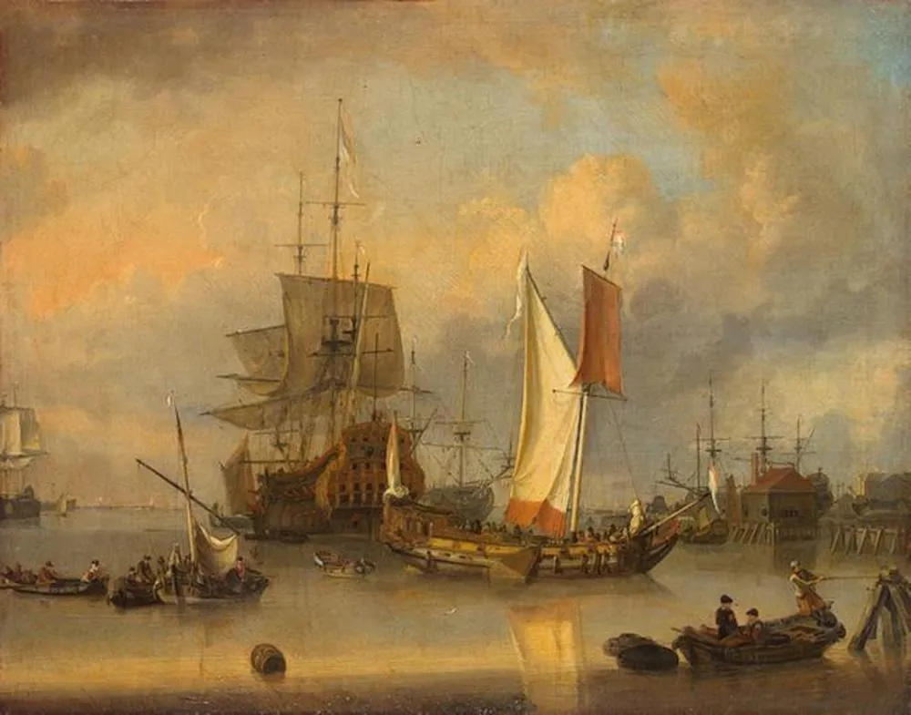 Ships at Sea in Calm Weather, by Jan Claesz Rietschoof, oil, 1698
