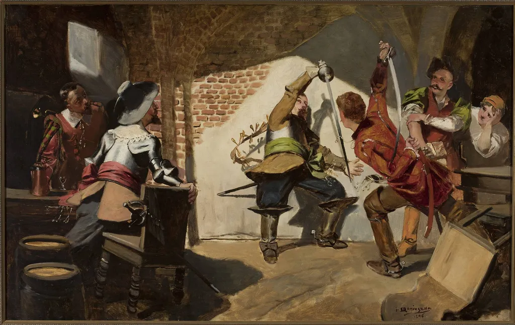 Duel in a tavern, by Jan Czesław Moniuszko, oil, 1898