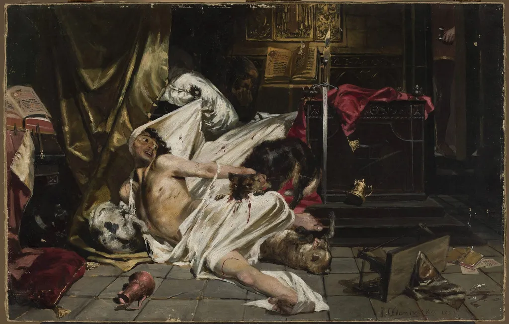 Man fighting with wolves, by Jan Czesław Moniuszko, oil, 1892