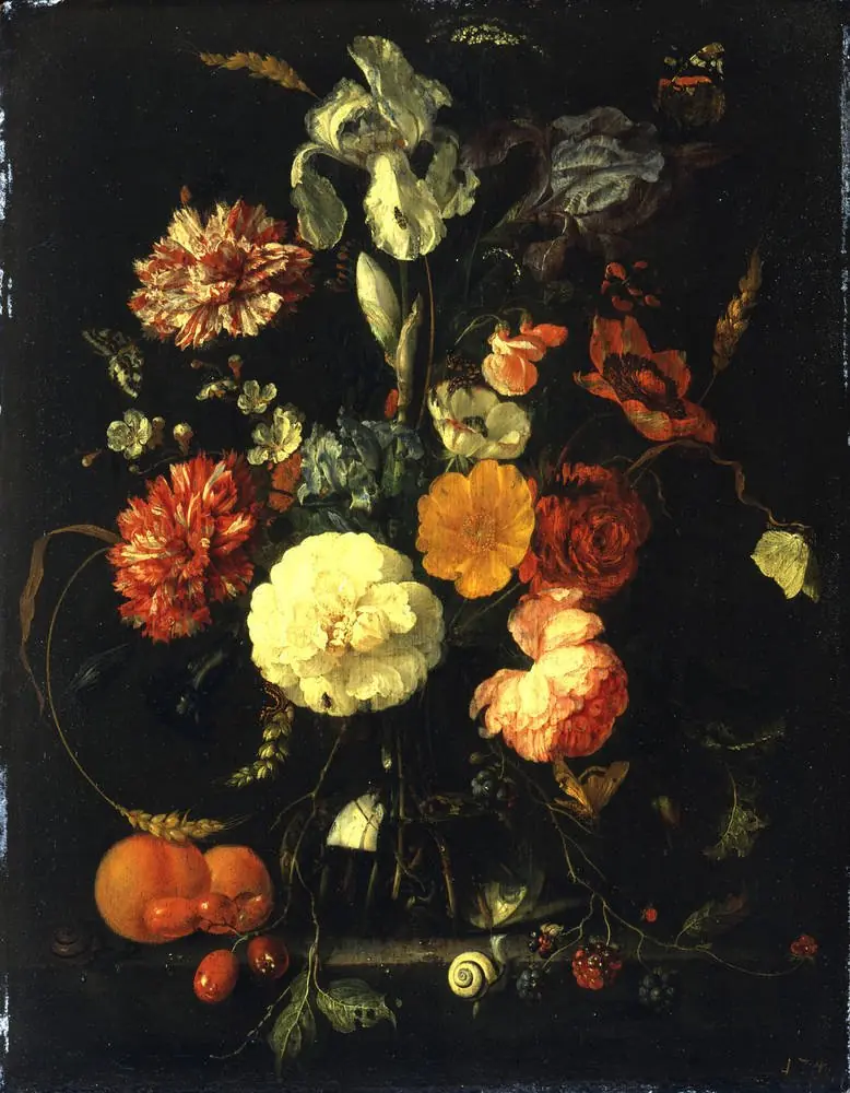 Bouquet with Blue Iris in a Glass Vase