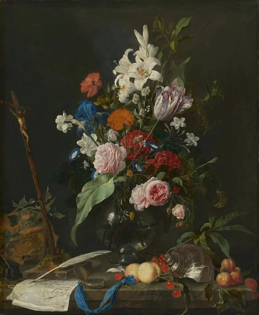 Flower still-life with a skull and crucifix
