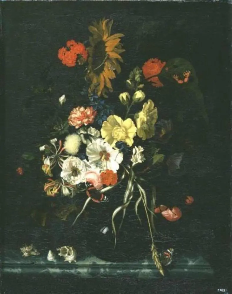 Flowers with a sunflower in a glass vase with shells, by Jan Davidsz. de Heem