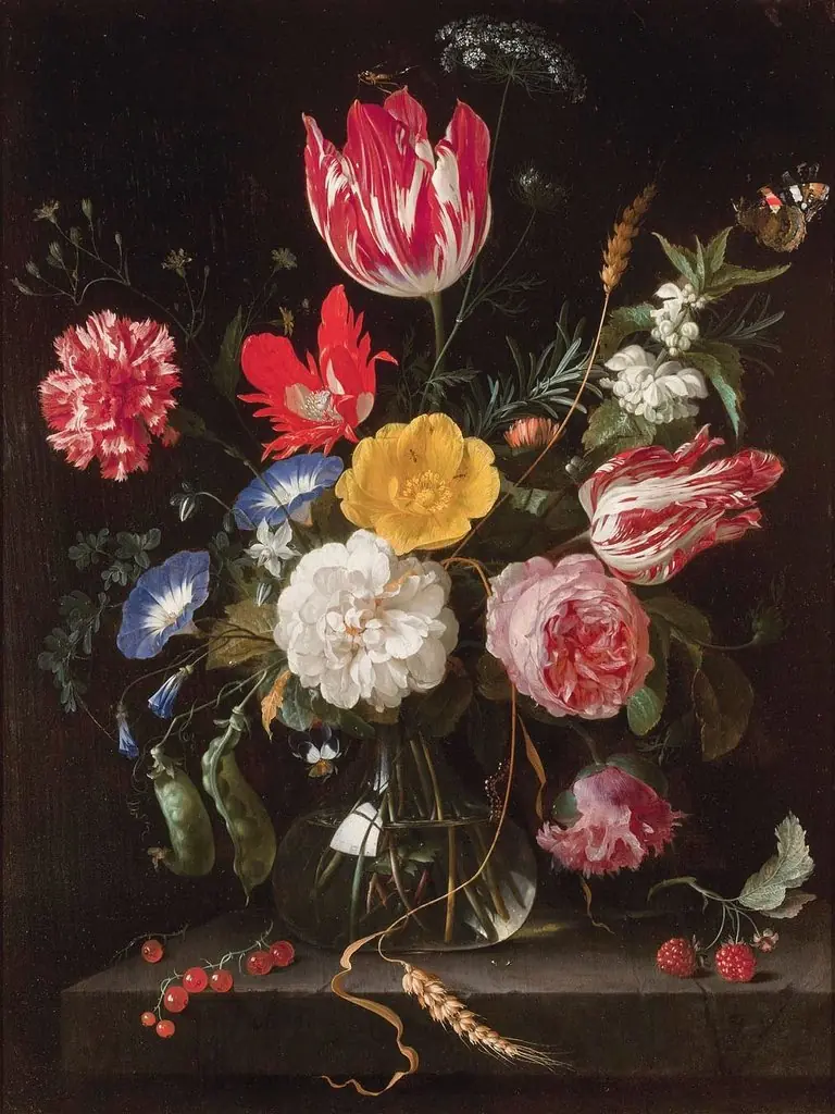 Glass Vase with Flowers on a Stone Ledge, by Jan Davidsz. de Heem