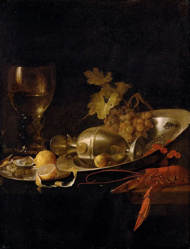 Still life with a "roemer", a fallen jug and a lobster