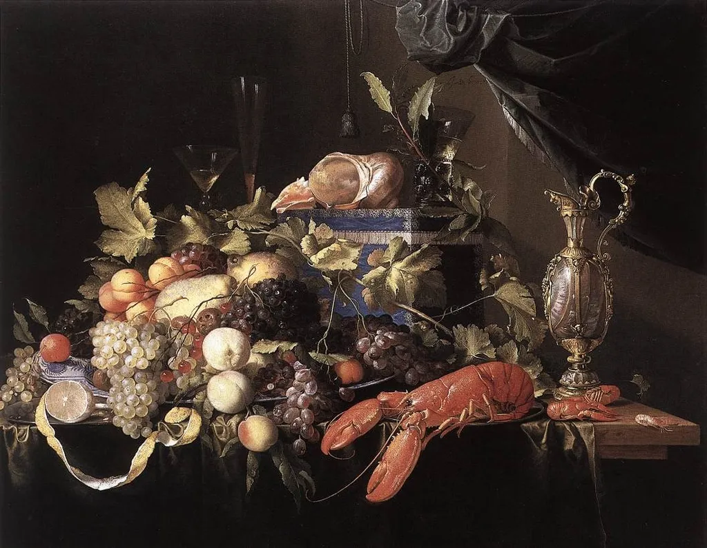 Still Life with Fruit and Lobster, by Jan Davidsz. de Heem, oil, 1648