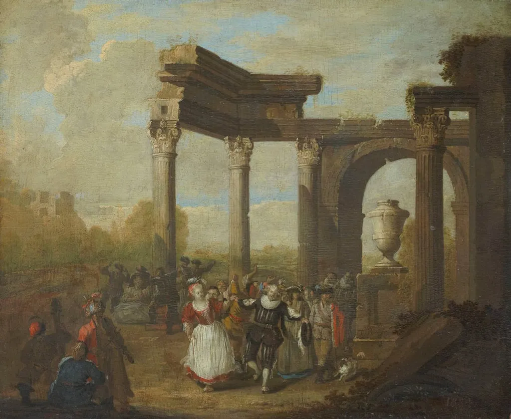 Masked dance near Roman ruins, by Jan Frans van Bredael, oil, 1500
