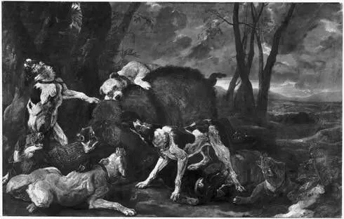 Boar hunt, by Jan Fyt, oil, 1636