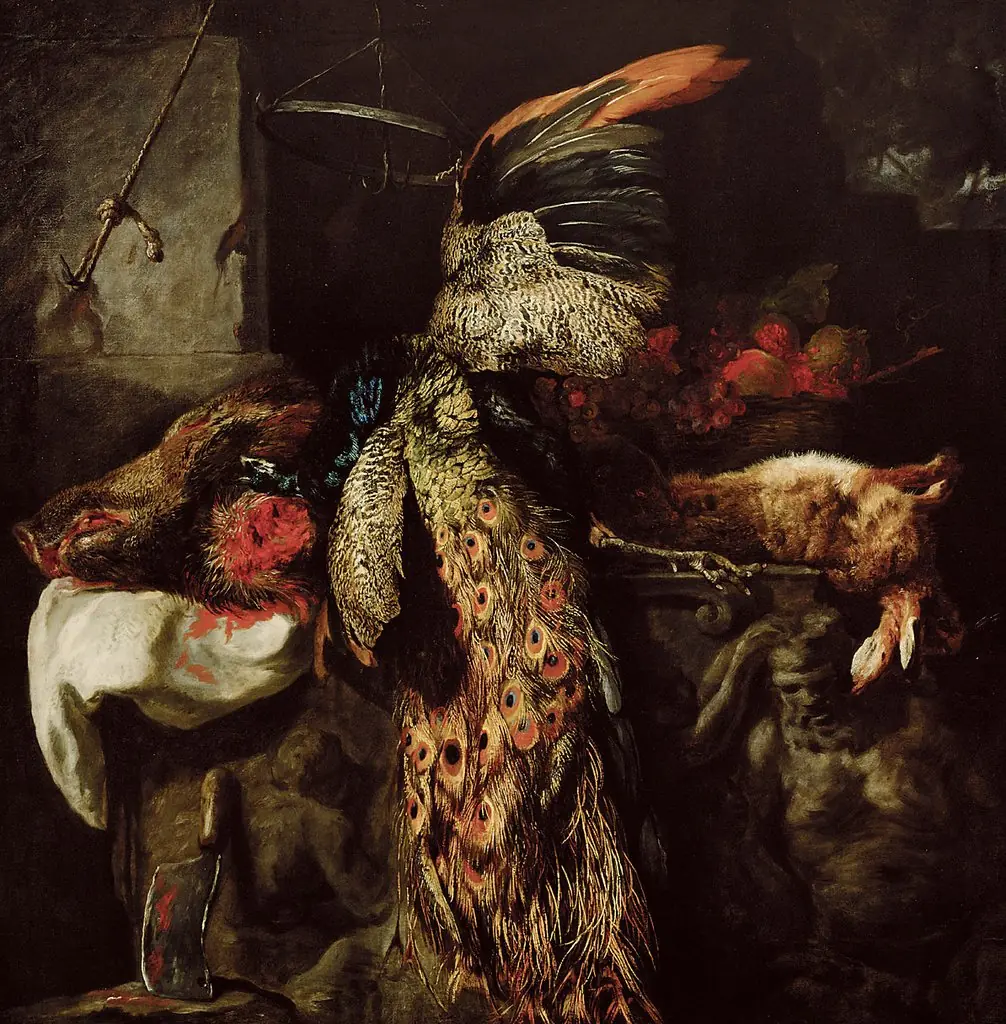 Dead game with dead peacock and a hog's head, by Jan Fyt