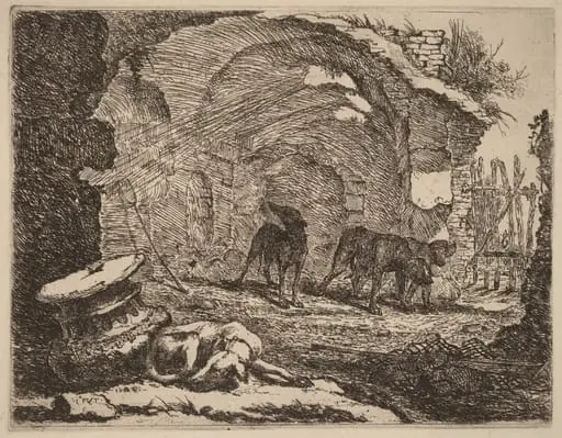 Four Dogs, One Sleeping beside a Capital, by Jan Fyt