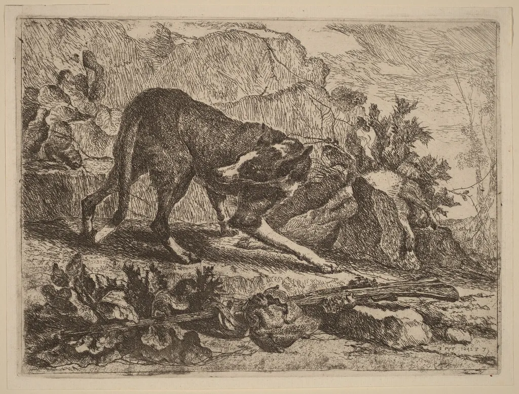 Landscape with Greyhound and Rifle, by Jan Fyt, ink, 1642