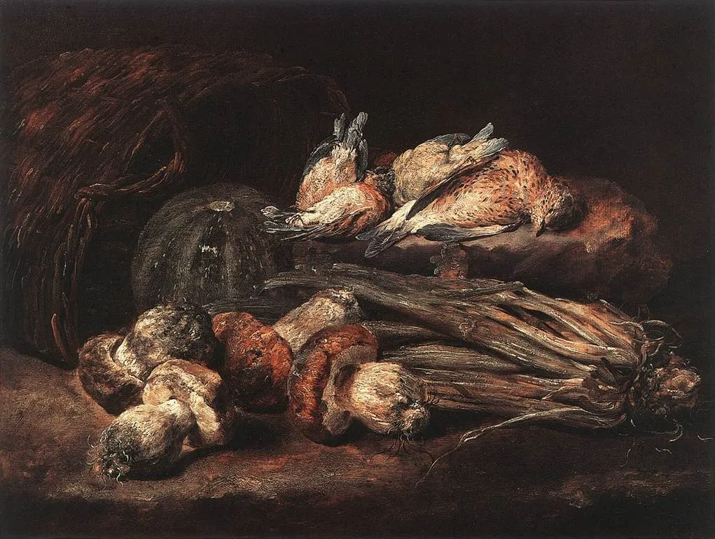 Mushrooms, a wicker basket, a melon, a root of celery and four dead thrushes, by Jan Fyt, oil, 1651