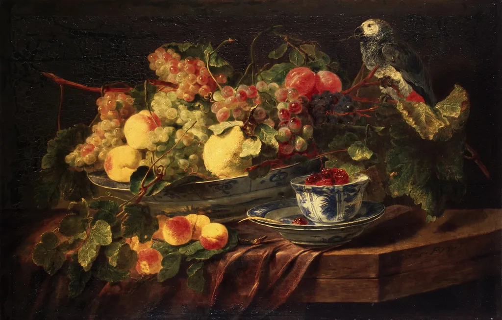 Still Life with Fruit and Parrot, by Jan Fyt, oil, 1645